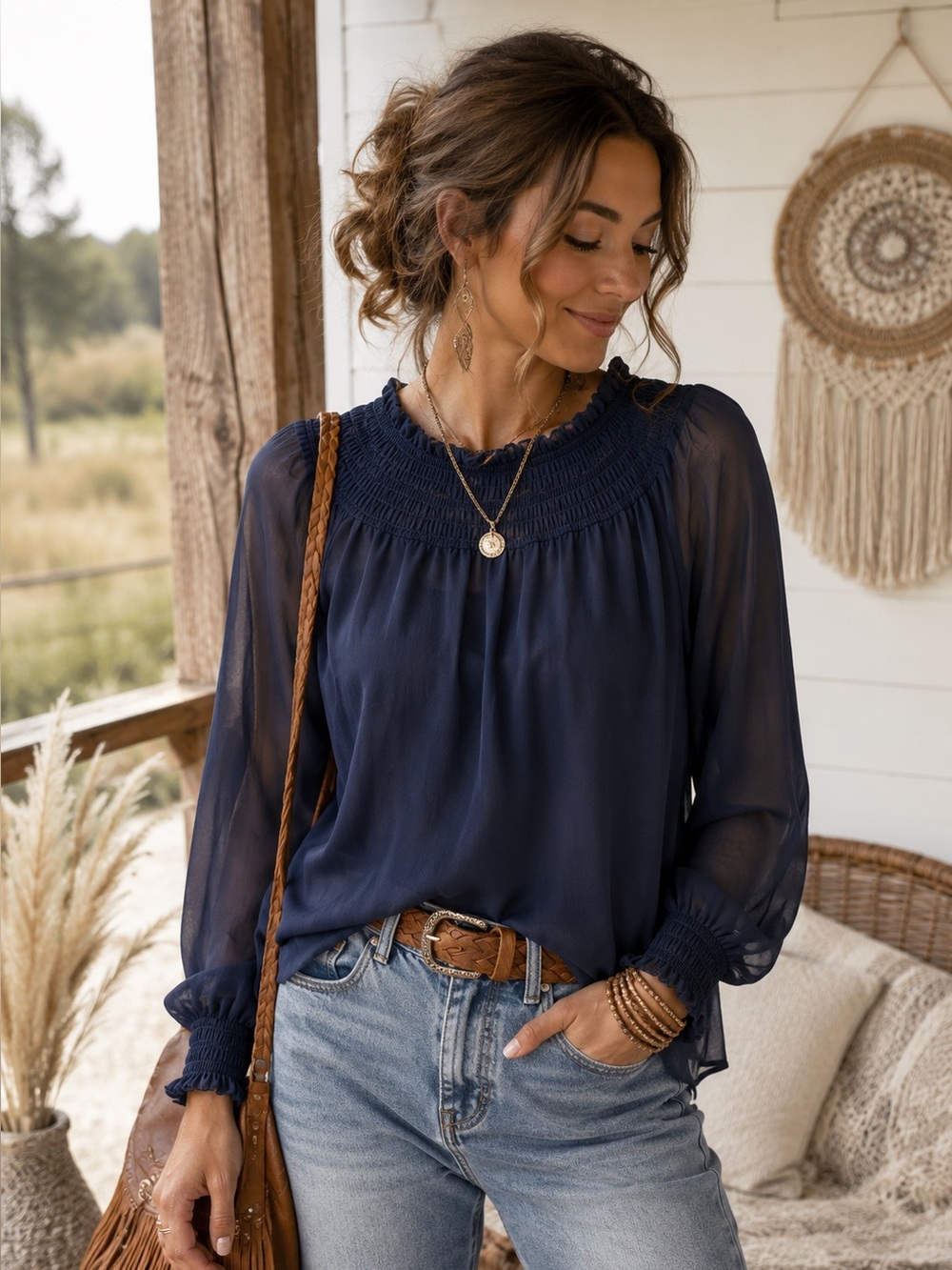 Ann Taylor Navy Smocked Neck Long-Sleeve Blouse - S